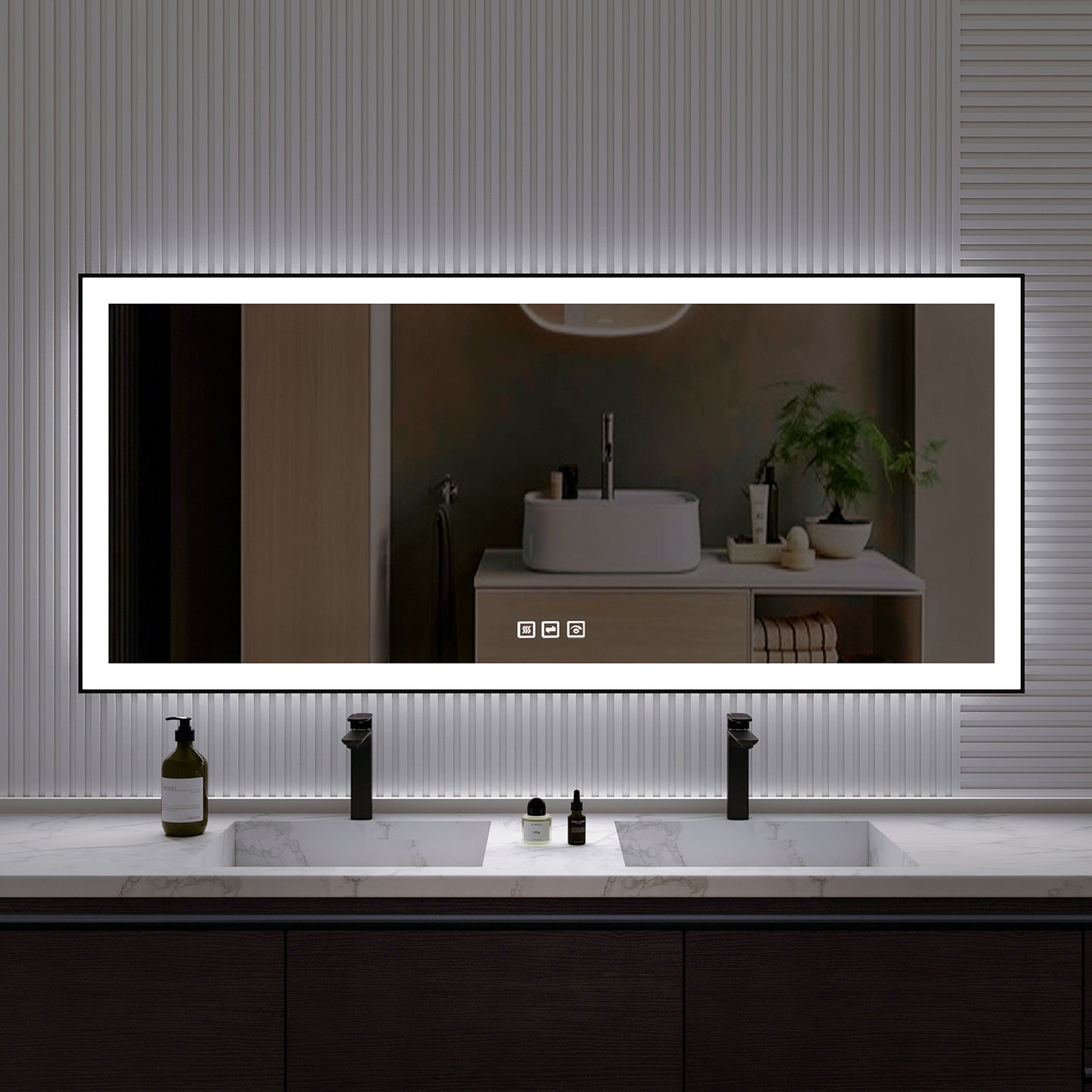 Waterpar® 72 in. W x 32 in. H Rectangular Framed Anti-Fog LED Wall Bathroom Vanity Mirror in Black with Backlit and Front Light