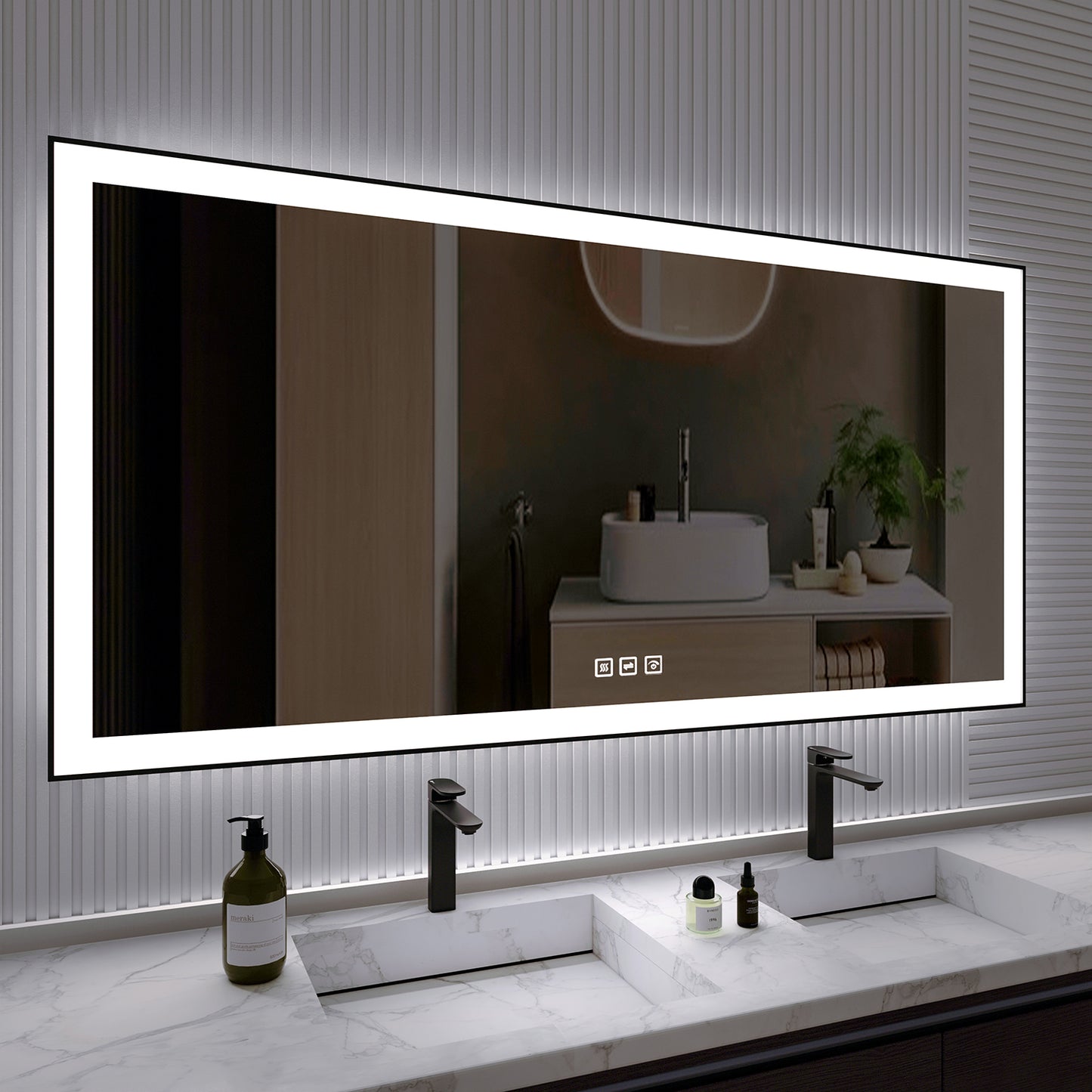 Waterpar® 72 in. W x 36 in. H Rectangular Framed Anti-Fog LED Wall Bathroom Vanity Mirror in Black with Backlit and Front Light