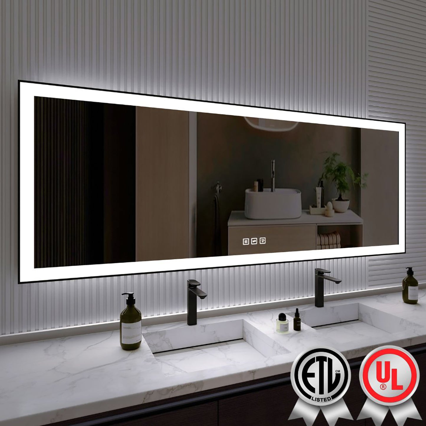 Waterpar® 84 in. W x 32 in. H Rectangular Framed Anti-Fog LED Wall Bathroom Vanity Mirror in Black with Backlit and Front Light