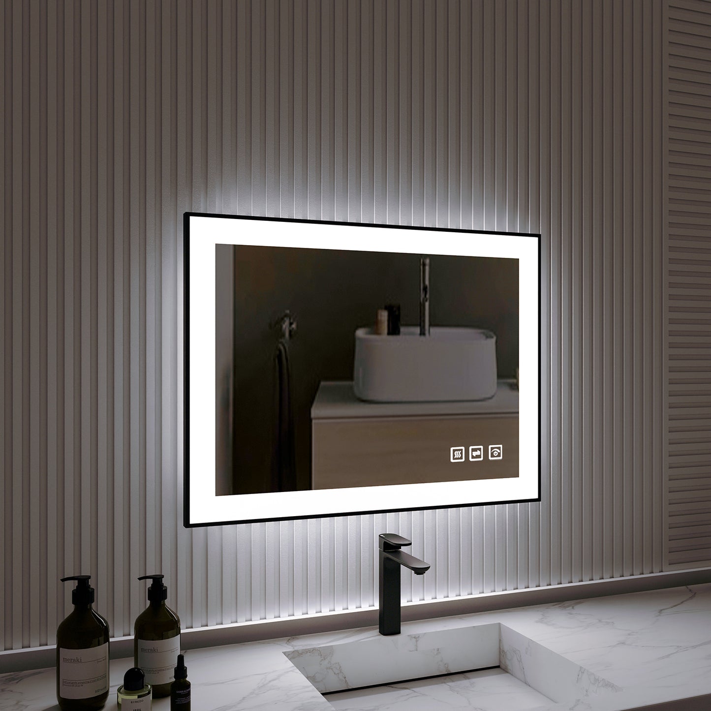 Waterpar® 32 in. W x 24 in. H Rectangular Framed Anti-Fog LED Wall Bathroom Vanity Mirror in Black with Backlit and Front Light