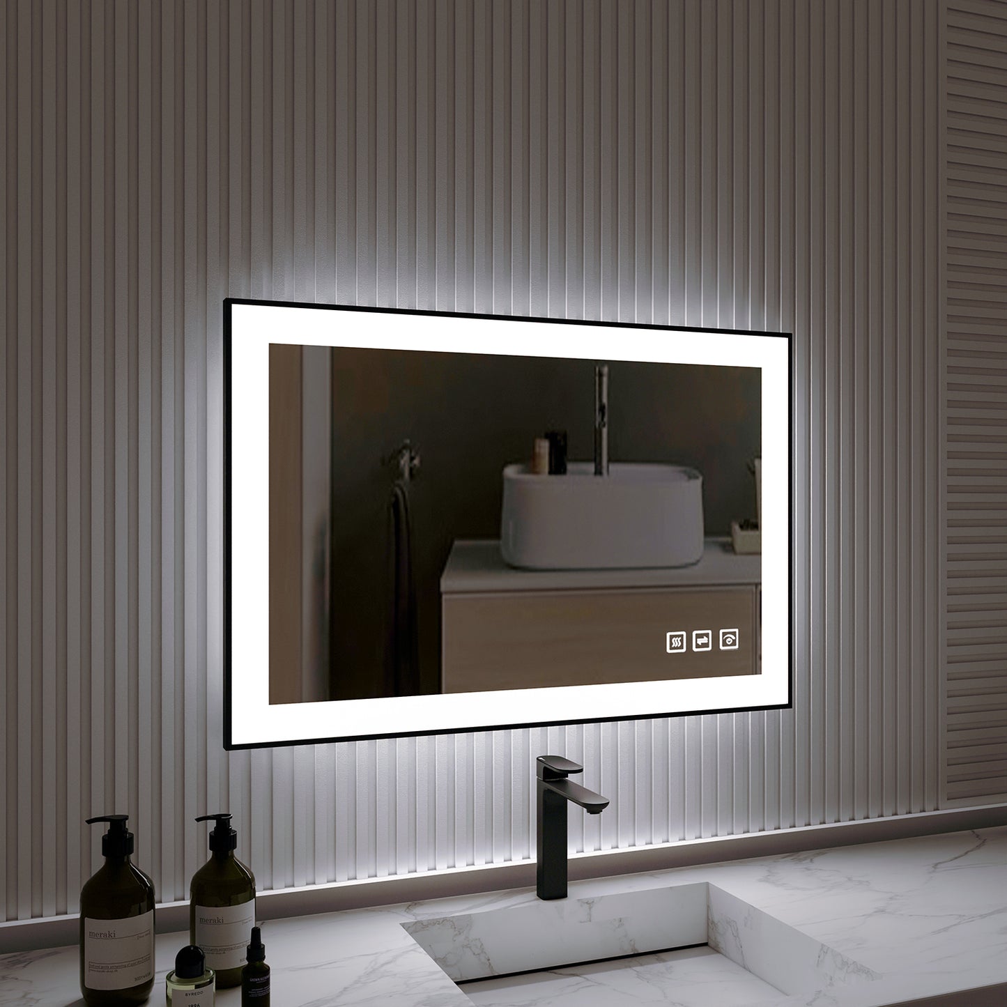Waterpar® 36 in. W x 24 in. H Rectangular Framed Anti-Fog LED Wall Bathroom Vanity Mirror in Black with Backlit and Front Light