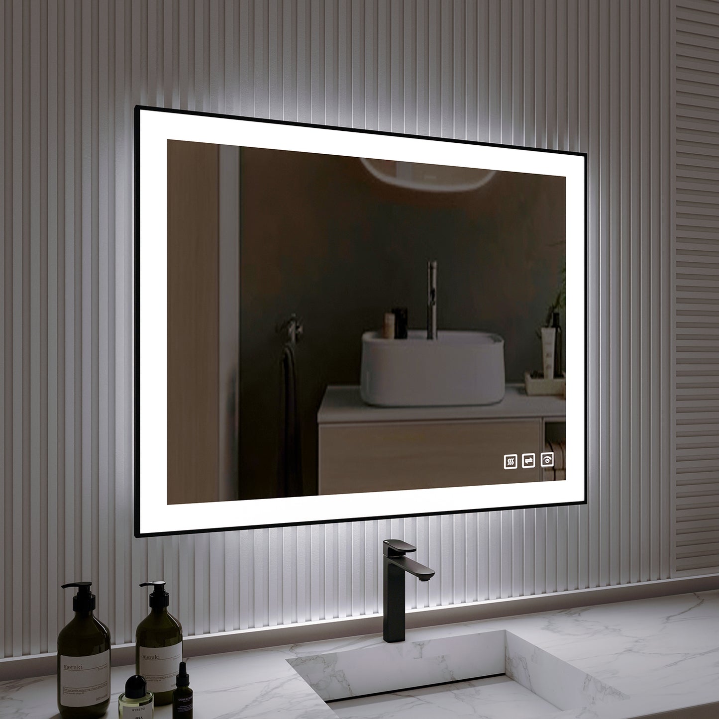 Waterpar® 40 in. W x 32 in. H Rectangular Framed Anti-Fog LED Wall Bathroom Vanity Mirror in Black with Backlit and Front Light