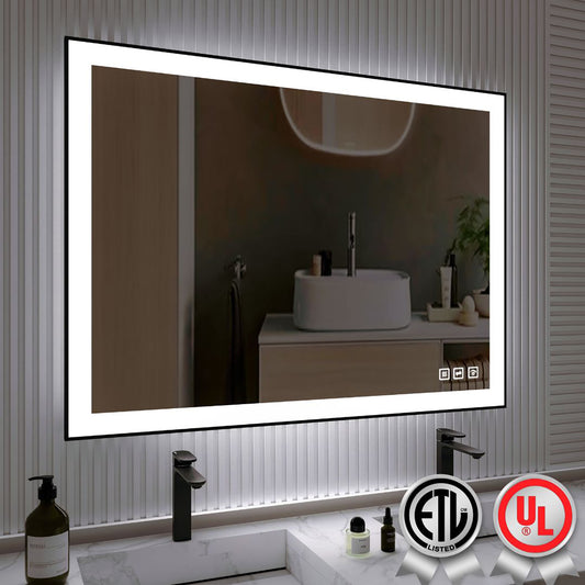 Waterpar® 48 in. W x 36 in. H Rectangular Framed Anti-Fog LED Wall Bathroom Vanity Mirror in Black with Backlit and Front Light