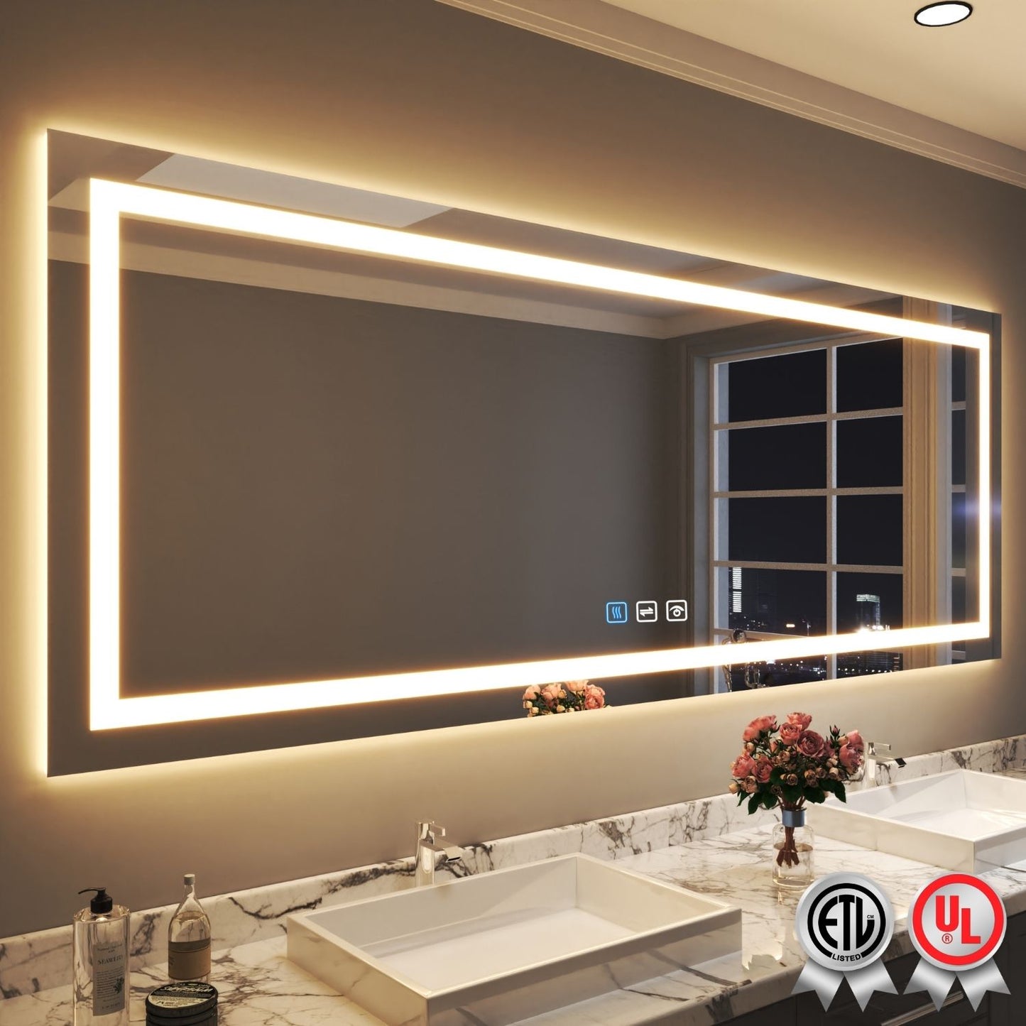 Waterpar® 96 in. W x 36 in. H LED Large Rectangular Frameless Anti-Fog Bathroom Mirror Front & Backlit