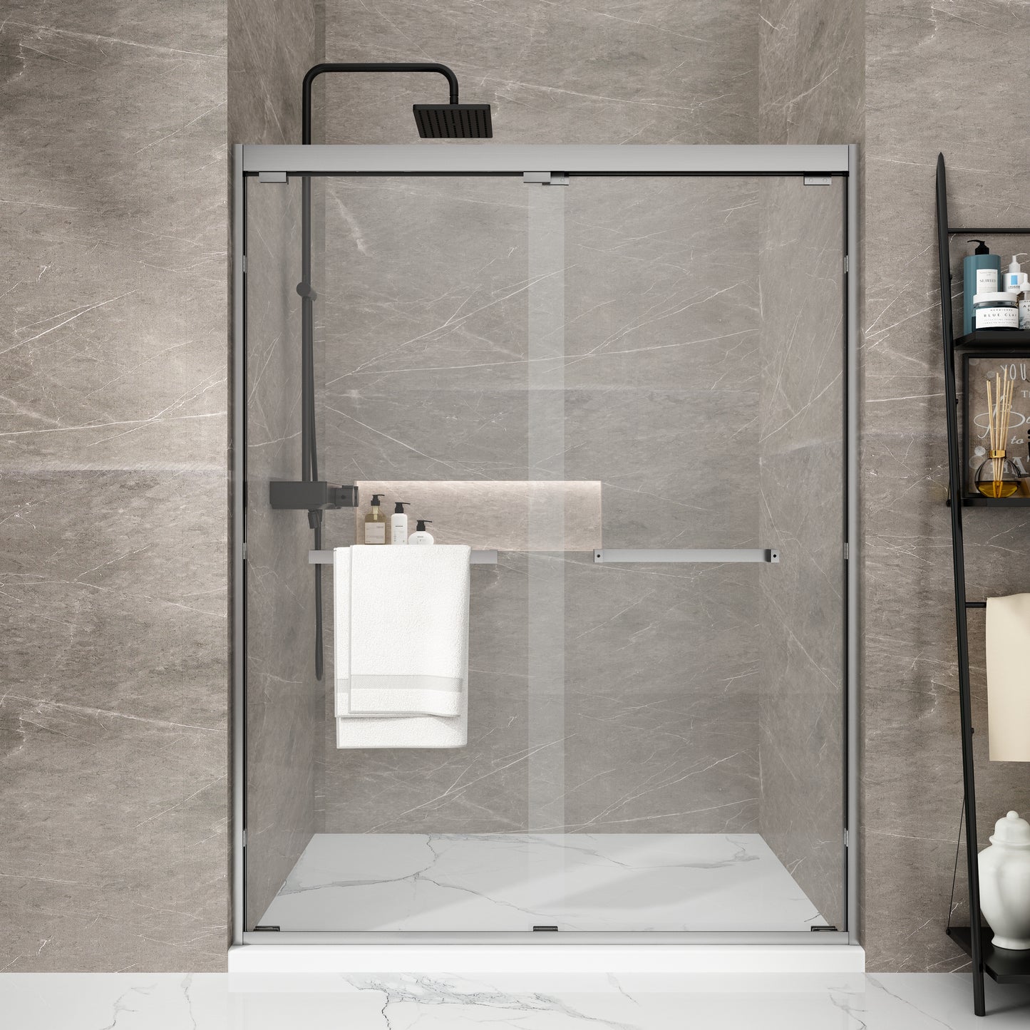 WATERPAR® Sliding Semi-Frameless Shower Door with Double Towel Bars Customization