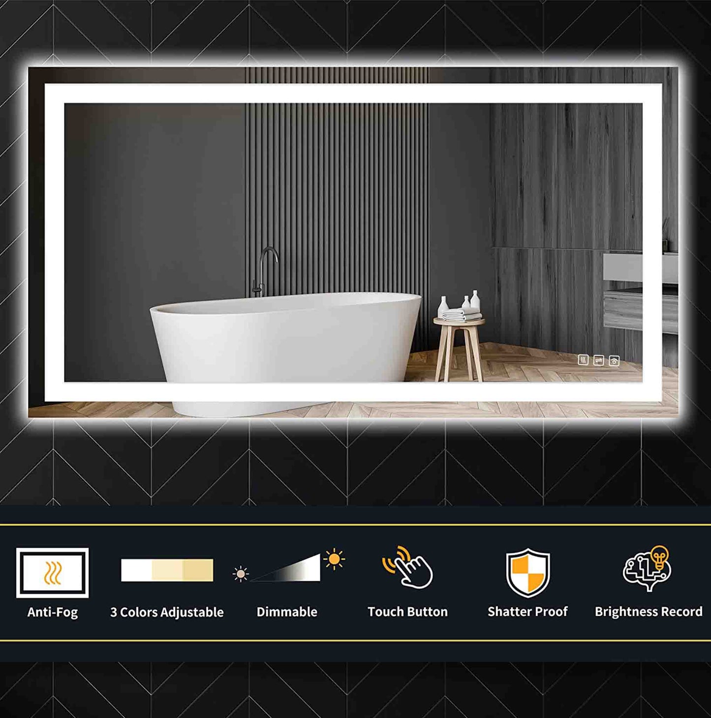 Waterpar® 55 in. W x 30 in. H LED Large Rectangular Frameless Anti-Fog Bathroom Mirror Front & Backlit