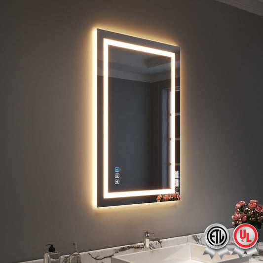 Waterpar® 24 in. W x 36 in. H LED Rectangular Frameless Anti-Fog Bathroom Mirror Front & Backlit