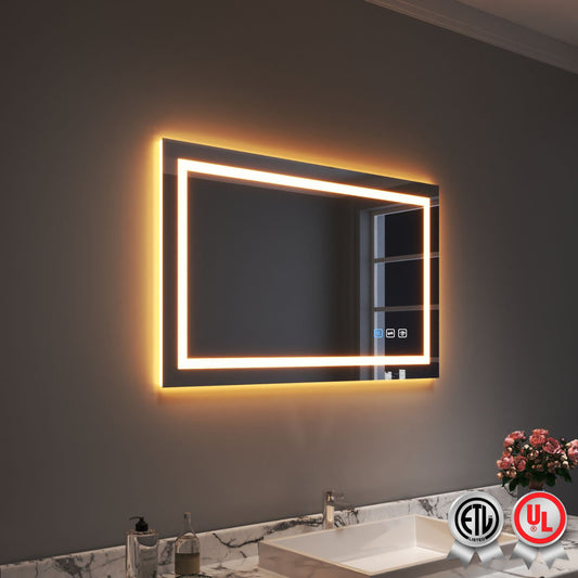 Waterpar® 40 in. W x 24 in. H LED Large Rectangular Frameless Anti-Fog Bathroom Mirror Front & Backlit