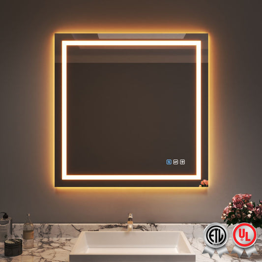 Waterpar® 36 in. W x 36 in. H LED Rectangular Frameless Anti-Fog Bathroom Mirror Front & Backlit