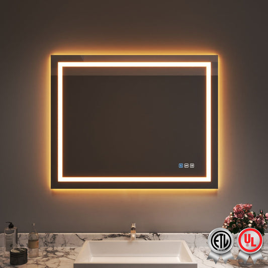 Waterpar® 40 in. W x 32 in. H LED Large Rectangular Frameless Anti-Fog Bathroom Mirror Front & Backlit