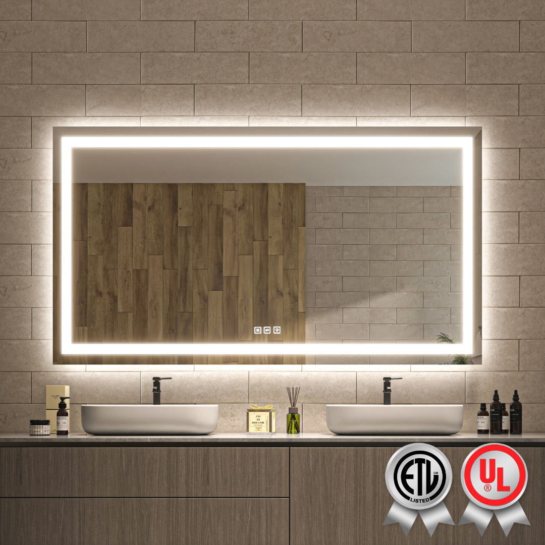 Waterpar® 72 in. W x 40 in. H Rectangular Frameless Wall Bathroom Vanity Mirror with Backlit and Front Light