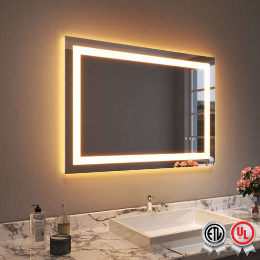 Waterpar® 40 in. W x 30 in. H LED Rectangular Frameless Anti-Fog Bathroom Mirror Front Light & Backlit