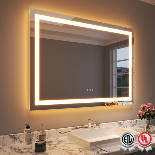 Waterpar® 50 in. W x 36 in. H LED Rectangular Frameless Anti-Fog Bathroom Mirror Front Light & Backlit