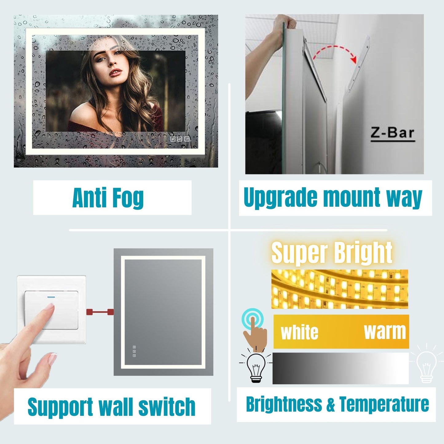 Waterpar® 48 in. W x 36 in. H Large Rectangular Frameless LED Light Anti-Fog Wall Bathroom Vanity Mirror