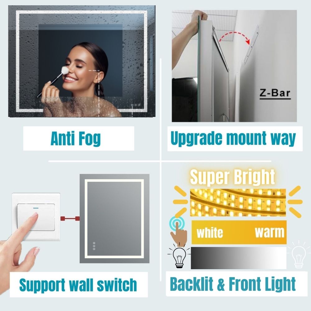 Waterpar® 40 in. W x 32 in. H LED Large Rectangular Frameless Anti-Fog Bathroom Mirror Front & Backlit