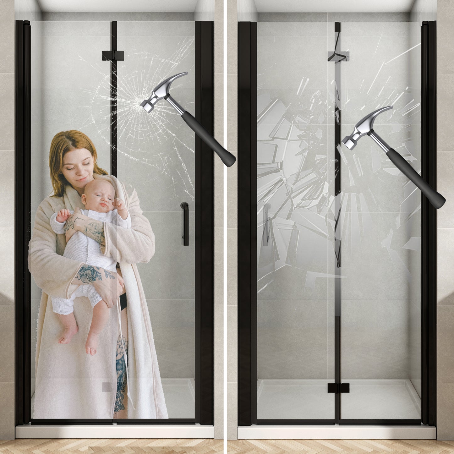 Waterpar® Bi-Fold Minimalist Frameless Shower Door Matte Black Clear Glass