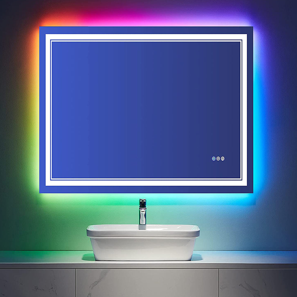 Waterpar® 48x32 in. Led Large Rectangular RGB Anti-Fog Bathroom Mirror Front & Backlit