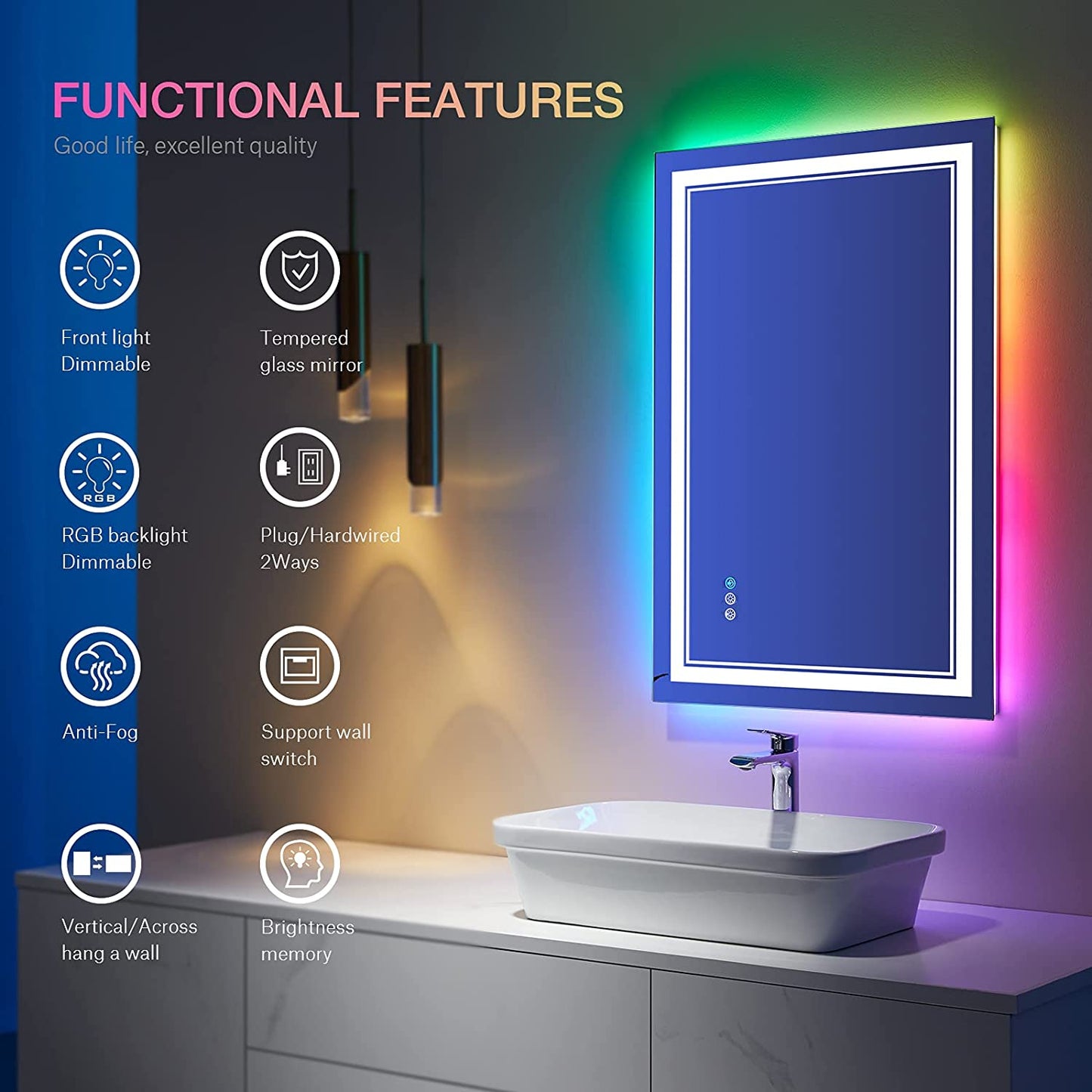Waterpar® 36x24 in. Led Rectangular RGB Anti-Fog Bathroom Mirror Front & Backlit